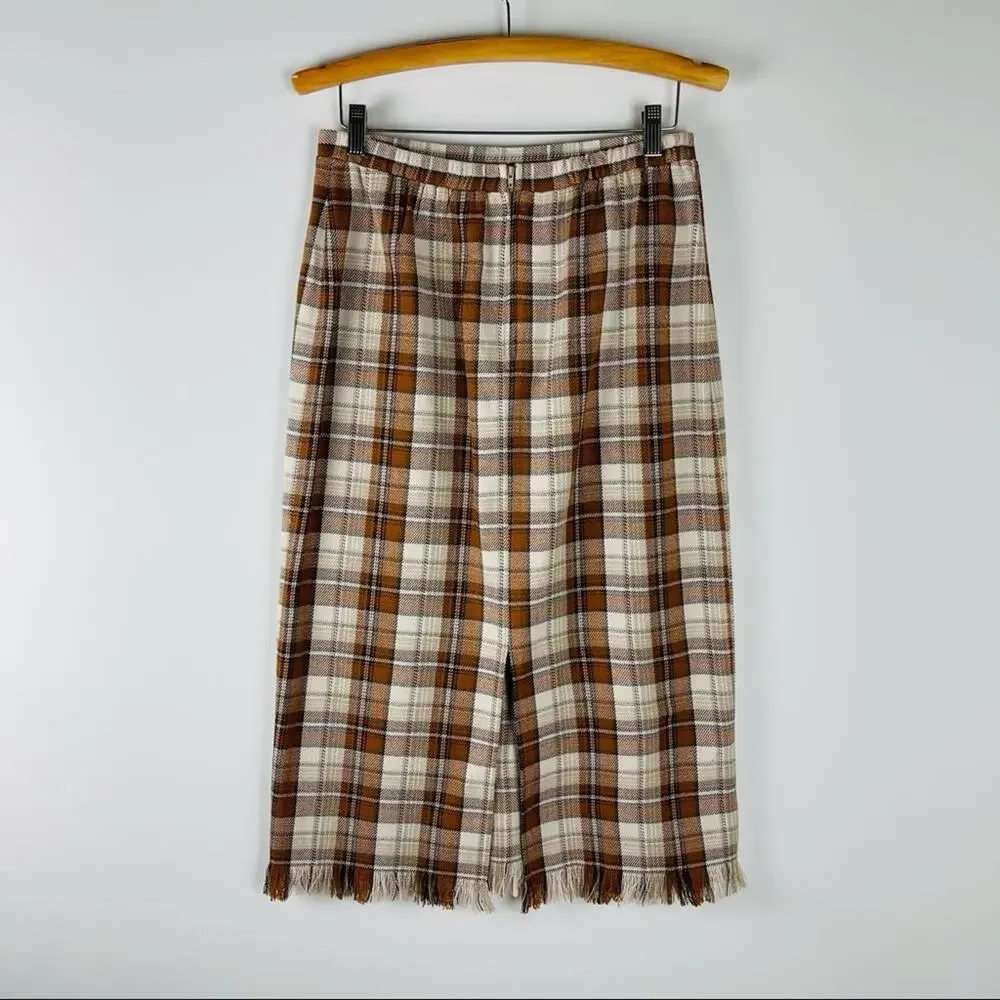 Vintage orange tan plaid preppy academia fringe midi skirt 12P - Picture 6 of 8